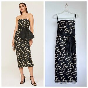 Shoshanna Midnight Valerie Strapless Embroidered Leaf Design Dress in Black Gold